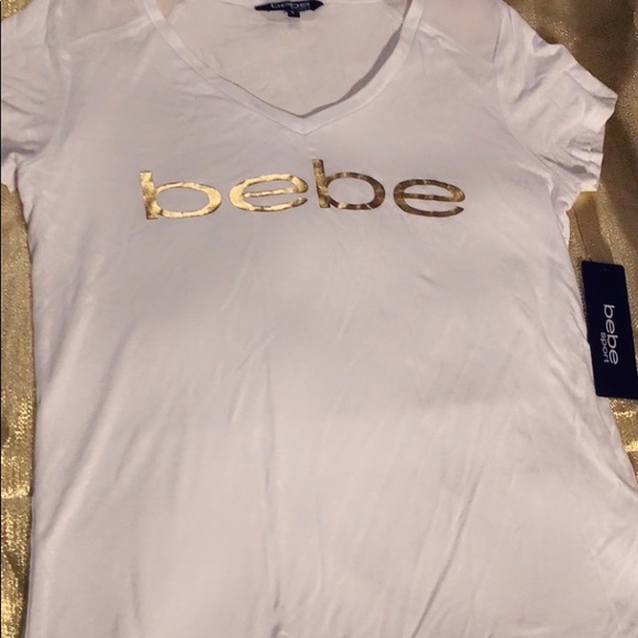 NEW Bebe Sport White Gold Metallic Logo Shirt - Picture 5 of 5